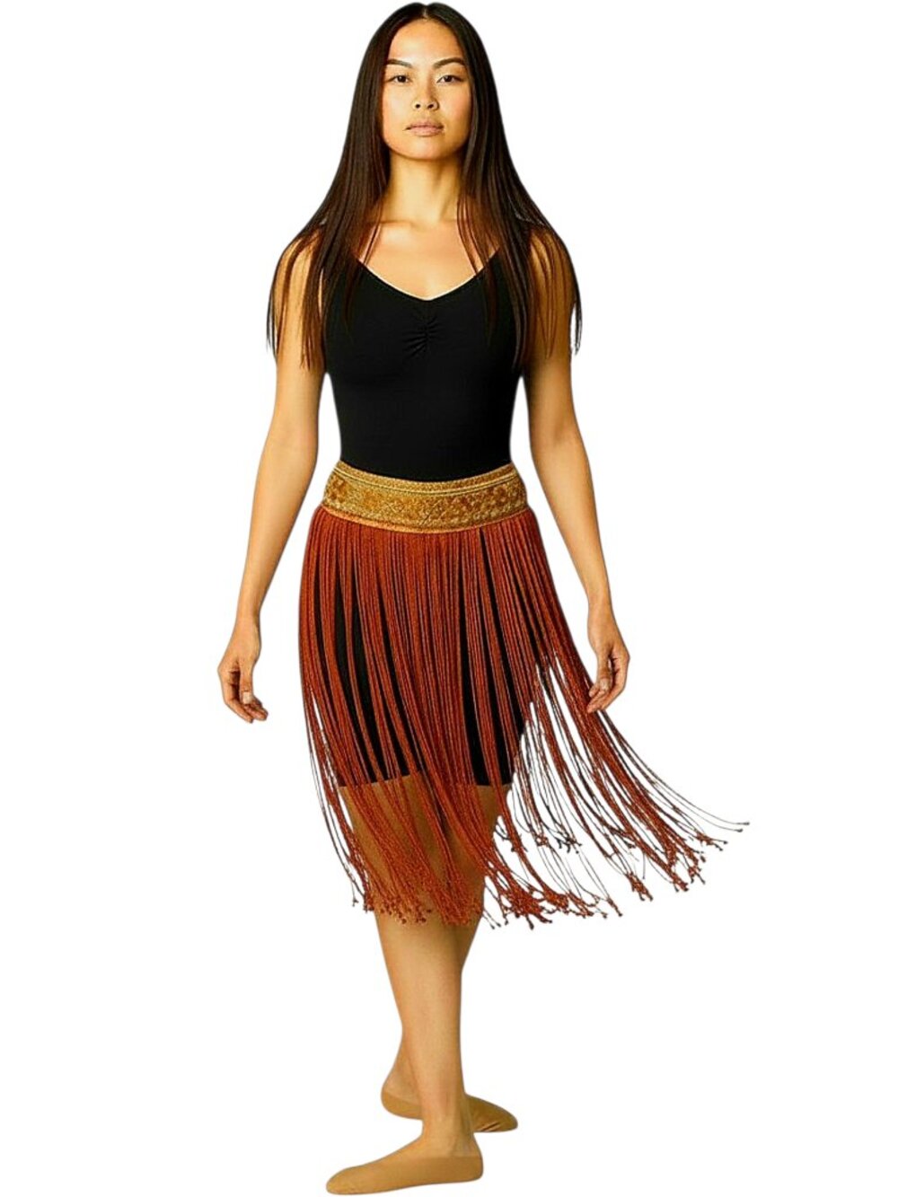 NWOT Handcrafted Tribal Bellydance Two-Panel Skirt Orange Gold Brocade Fringe OS
